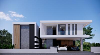 Modern two-story house exterior with a garage