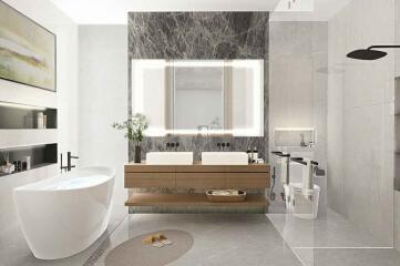 Modern bathroom with double sink, free-standing bathtub, and walk-in shower