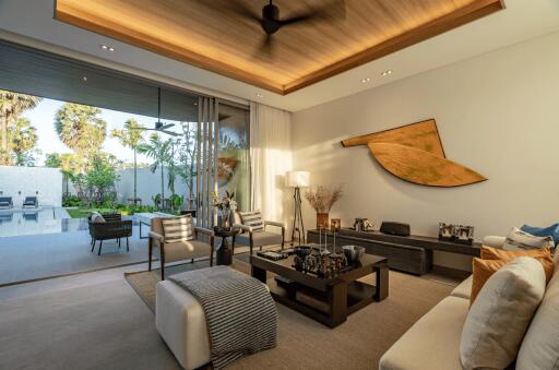 Modern living room with pool view