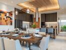 Modern dining room with a decorated table, adjacent to a contemporary kitchen