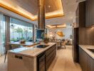 Modern kitchen with island and view of dining area