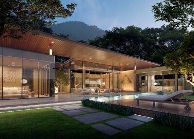 Modern house with glass walls and outdoor pool at twilight