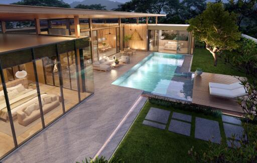 Modern outdoor living area with pool