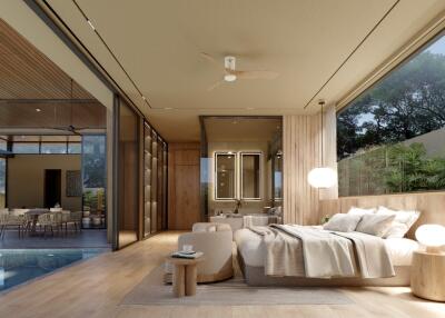 Modern bedroom with large windows and pool view