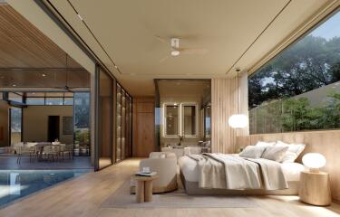 Modern bedroom with large windows and pool view