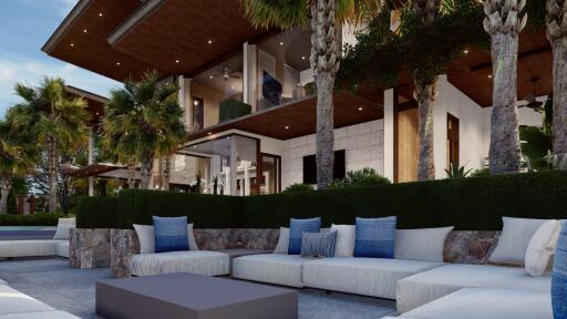 Luxurious modern outdoor living space with seating area and view of contemporary house