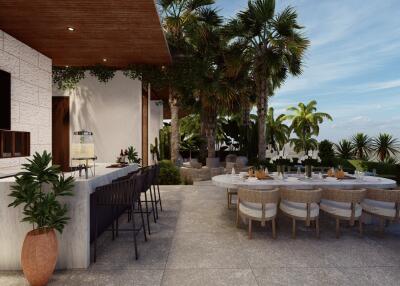 Spacious outdoor living area with dining and bar seating