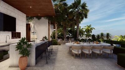 Spacious outdoor living area with dining and bar seating