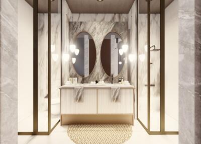 Modern marble bathroom with double vanity mirrors