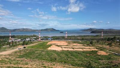 Scenic view of open land with hills and water in the background