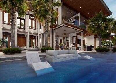 Luxury house exterior with pool and lounge area