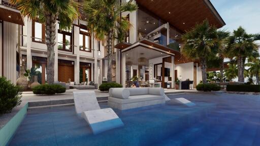 Luxury house exterior with pool and lounge area