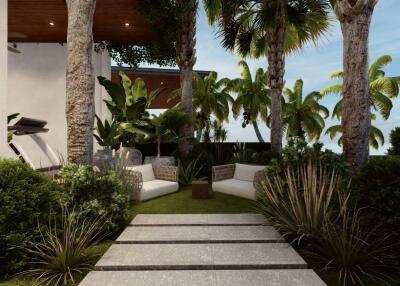 Outdoor garden with seating area and lush greenery