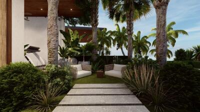 Outdoor garden with seating area and lush greenery