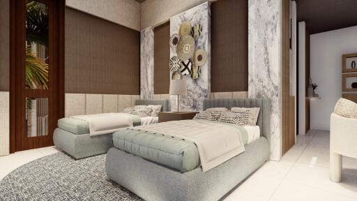 Modern twin bedroom with decorative wall art and contemporary furnishings