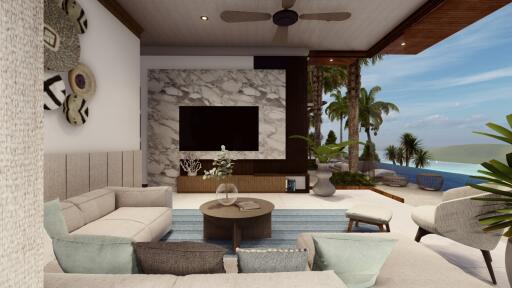 Modern living room with ocean view