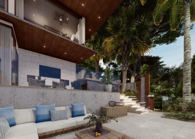 Luxury outdoor living space with seating and stairs