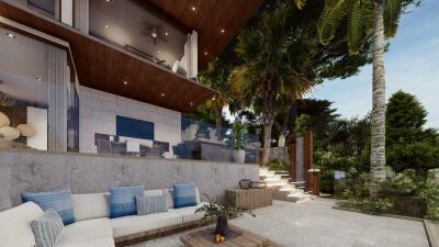 Luxury outdoor living space with seating and stairs