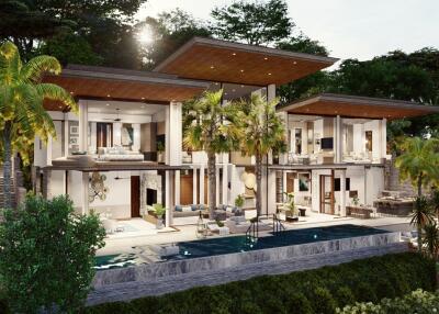 Modern luxury villa surrounded by lush greenery with an infinity pool