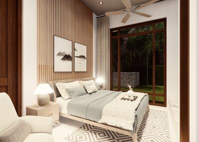 Modern bedroom with large windows and minimalist decor