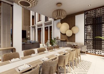 Modern dining room with large table and interior decorations