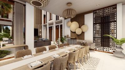 Modern dining room with large table and interior decorations