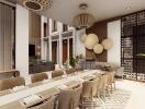 Modern dining room with large table and interior decorations