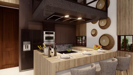 Modern kitchen with wooden countertops and high-end appliances