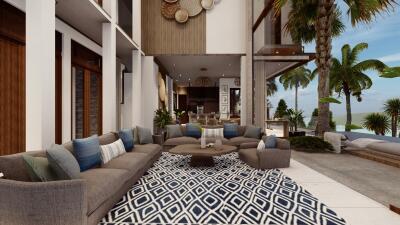 Spacious living room with modern decor and ocean view