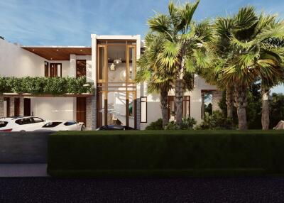 Modern two-story house with a garage and palm trees