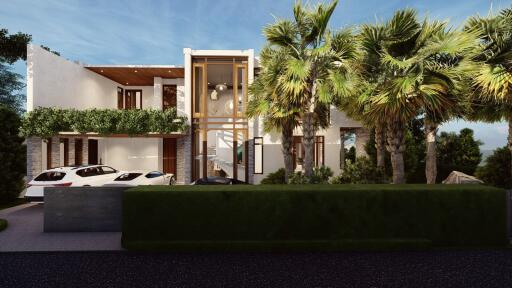 Modern two-story house with a garage and palm trees