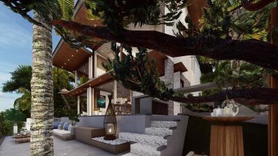 Modern house exterior with outdoor seating and staircase