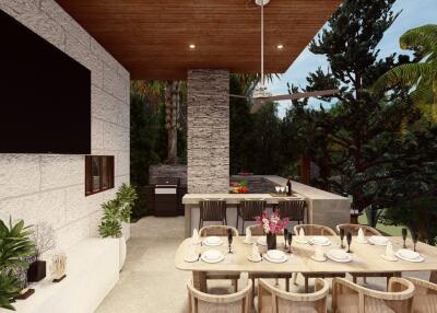 Spacious outdoor dining area with table setup and lush greenery