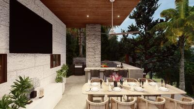 Spacious outdoor dining area with table setup and lush greenery