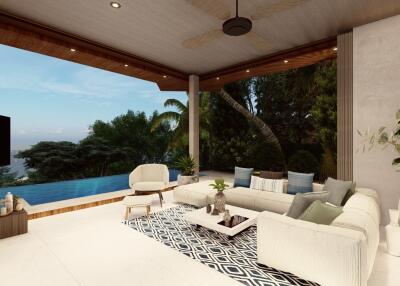 Spacious living room with a view of the pool and greenery