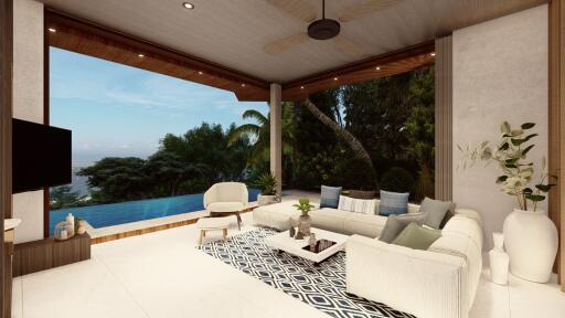 Spacious living room with a view of the pool and greenery