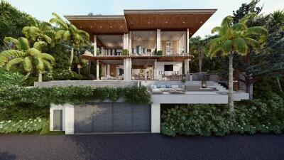 Modern luxury house exterior with multiple levels, large windows, and tropical landscaping