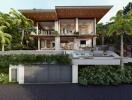 Modern luxury house exterior with multiple levels, large windows, and tropical landscaping