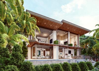 Modern luxury villa exterior with lush greenery and spacious balconies