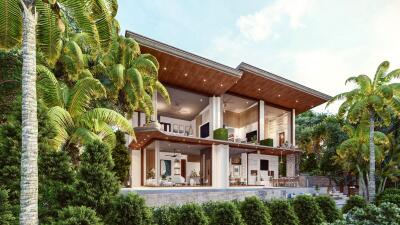 Modern luxury villa exterior with lush greenery and spacious balconies