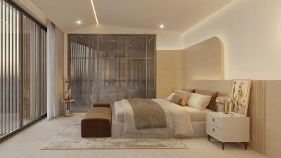 Modern bedroom with large windows and elegant decor