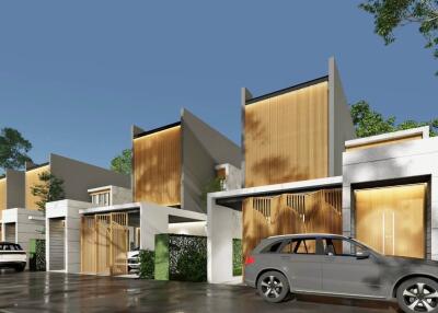 Modern residential buildings with parked cars