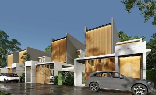Modern residential buildings with parked cars