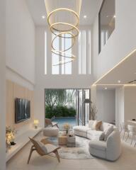 Modern and spacious living room with large windows and high ceiling