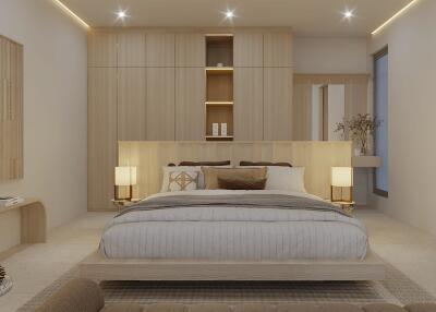 Modern bedroom with neutral colors and ambient lighting