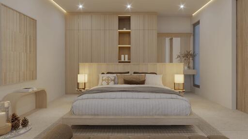 Modern bedroom with neutral colors and ambient lighting