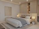 Modern bedroom with wooden accents and ambient lighting
