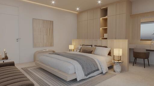 Modern bedroom with wooden accents and ambient lighting