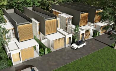 Modern townhouse complex with multiple units and driveway