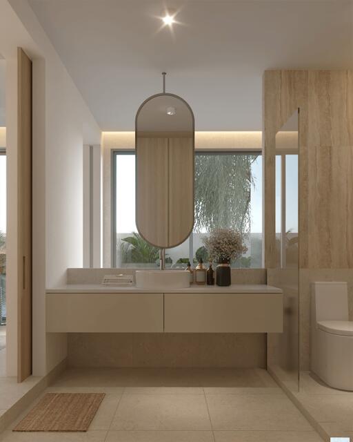 Modern bathroom with large mirror and elegant design